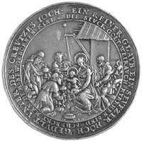 medal religijny autorstwa Sebastiana Dadlera 1635 r., Aw: W wieńcu z obłoków Dziecię Jezus z jabłk..