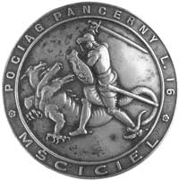 żołnierska odznaka Pociąg Pancerny Mściciel, wykonana z blachy mosiężnej srebrzonej, 46.6 mm, odzn..