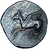 Akarnaja- Leukas, stater 390- 375 pne, Aw: Pegaz lecący w lewo, Rw: Głowa Ateny w hełmie korynckim..