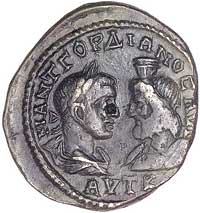 Gordian III 238- 244, Moesia Inferior- Markianopolis, AE-29, Aw: Popiersia Gordiana i Sarapisa zwr..