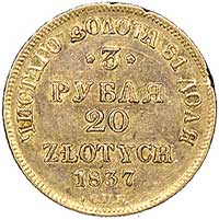3 ruble = 20 złotych 1837, Petersburg, Plage 305, Fr. 111, złoto, 3.87 g, ładnie zachowany połysk ..