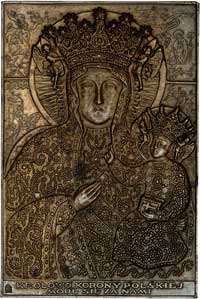 Królowa Korony Polskiej- plakieta 1926 r.; Płaskorzeżba obrazu Matki Boskiej Częstochowskiej, u do..