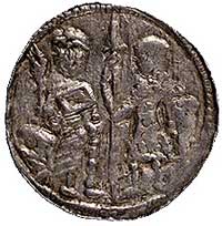 denar, Aw: Stojący rycerz z włócznią, z lewej siedząca postać z księgą, Rw: Krzyżyk równoramienny,..