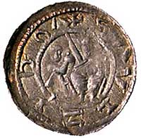 denar, Aw: Książę siedzący na tronie z mieczem w dłoni, obok giermek, napis w otoku VOLDIZLAVS, Rw..