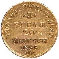 3 ruble = 20 złotych 1838/4, Petersburg, przebitka daty, Plage 307, Fr. 111, złoto, 3,89 g