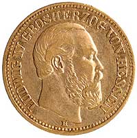 Ludwik IV 1877-1892, 10 marek 1879, Darmstadt, J. 219, Fr. 3789, złoto, 3,93 g
