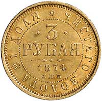 3 ruble 1874, Petersburg, Uzdenikow 0264, Fr. 147, złoto, 3,91 g, patyna