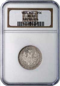 25 kopiejek 1858, Petersburg, Uzdenikow 1745, bardzo ładnie moneta z amerykańskim certyfikatem