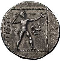 PAMFILIA- Aspendos, stater 370-333 pne, Aw: Dwaj zapaśnicy, Rw: Procarz w prawo, z prawej triskele..