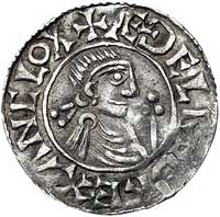Ethelred II 978-1016, denar, Aw: Popiersie w diademie i z berłem w prawo, napis w otoku, Rw: Ręka ..