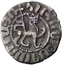 Hetoum I 1226-1270, tram, Aw: Stojący król Hetoum i królowa Zabel, napis, Rw: Lew z krzyżem w praw..