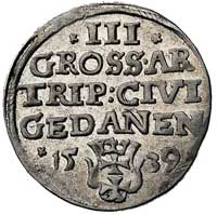 trojak 1539, Gdańsk, odmiana z napisem PRVS i w koronie z krzyżykiem, Kurp. 521 R1, Gum. 572