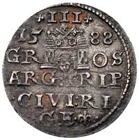 trojak 1588, Ryga, odmiana napisu PO D LI, Kurp. 2488 R2, Gum. 1448, ładnie zachowany egzemplarz z..