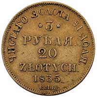 3 ruble = 20 złotych 1835, Petersburg, Plage 301, Fr. 111, złoto, 3.89 g, patyna