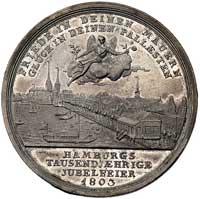 medal na 1.000-lecie Hamburga autorstwa Loosa 1809 r., Aw: Widok miasta z lotu ptaka, u góry geniu..