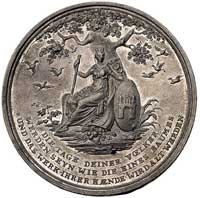 medal na 1.000-lecie Hamburga autorstwa Loosa 1809 r., Aw: Widok miasta z lotu ptaka, u góry geniu..