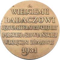 Aleksander Brückner- medal autorstwa Piotra Wojtowicza 1931 r., Aw: Popiersie w prawo i napis w ot..