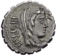 A. Postumius Albinus około 81 pne, denar, Aw: Głowa Hiszpanii w welonie w prawo, za nią napis HISP..