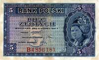 5 złotych 15.08.1939, seria B4, Miłczak 81, Pick 81a, jedyny znany banknot tej serii, opisany w ka..