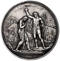 medal chrzcielny autorstwa J. Majnerta, Aw: Scena chrztu Chrystusa na tle krajobrazu, Rw: Oko Opat..