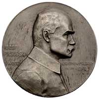 Józef Piłsudski- medal autorstwa Lewandowskiego 1914 r., Aw: Popiersie Piłsudskiego w prawo i napi..