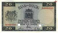 20 guldenów 2.01.1938, Miłczak G54, Ros. 845, dwukrotnie perforowany, seria A000,000