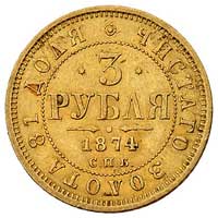 3 ruble 1874, Petersburg, Bitkin 36 (R), Fr. 164, złoto 3.92 g, patyna