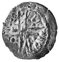denar - nieokreślone naśladownictwo, XI-XII w.? Aw: Krzyż podwójny, kropki Rw: Niezidentyfikowany ..