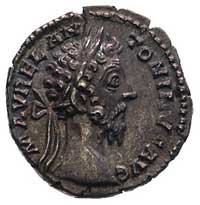 Marek Aureliusz 161-180, denar, Aw: Popiersie w prawo i napis M AVREL ANTONINVS AVG, Rw: Siedząca ..