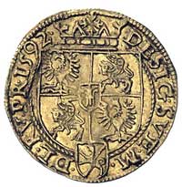 dukat 1592, Poznań, Aw: Postać króla i napis wokoło SIG III DG REX-znak haki (mennica Poznań)-POLO..