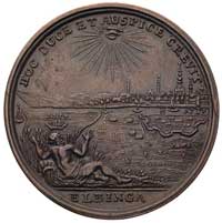 500-lecie Elbląga- medal autorstwa Wernera 1737 r., Aw: Kobieta z rozpuszczonymi włosami modli się..