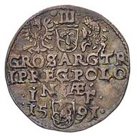 trojak 1591, Olkusz, pełna data pod literami I-F, lekko gięty, patyna, rzadki