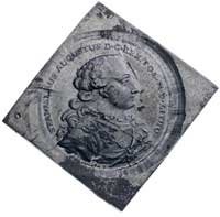 klipa próbnego talara 1765, wybita pękniętym stemplem w cynie, 31.68 g, moneta autorstwa Morikofer..
