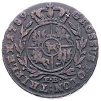zestaw monet miedzianych, trojak 1789 Warszawa, grosz 1765/VG Kraków, 1767 Kraków, 1768 Warszawa i..