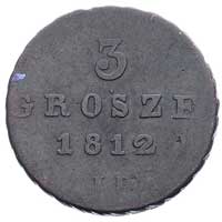 zestaw monet miedzianych; grosz 1755 Gubin (pod tarczą litera H), trojak 1812 Warszawa, grosz 1812..