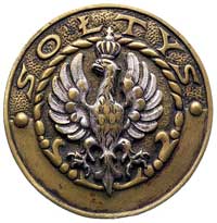 odznaka sołtysa wykonana z Zakładzie Braci Łopieńskich w Warszawie, mosiądz, 56 mm, częściowo wyta..