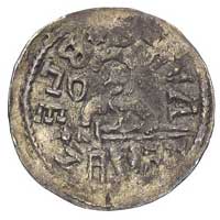 denar, Aw: Książę siedzący na tronie z mieczem na kolanach, napis BLEZLAV, Rw: W kwadratowej perło..