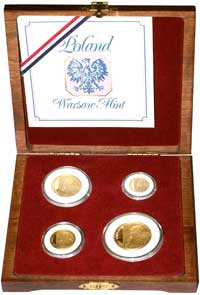 komplet złotych monet kolekcjonerskich w drewnianym etui zawierającym: 10.000 złotych, 5.000 złoty..