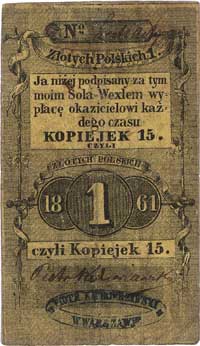 Warszawa, sola weksel na 15 kopiejek = 1 złoty, 1861, Piotr Kędzierzawski, Jabłoński -
