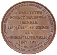 Karol Marcinkowski- medal autorstwa S. Belowa z Poznania 1891 r., Aw: Popiersie w lewo i napis w o..