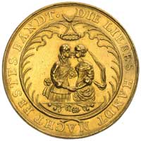 medal zaślubinowy autorstwa Jana Buchheima, Aw: Całująca się para, nad nimi zawieszony wieniec i n..