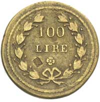 Włochy- odważnik 100 lirów, Aw: W wieńcu napis 100 LIRE i punca, Rw: Wiele różnych punc, mosiądz 3..