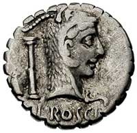L. Roscius Fabatus 64 pne, denar serratus, Aw: Głowa Junony Sospity w skórze kozy w prawo, Rw: Sto..