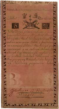 5 złotych 8.06.1794, seria N.A.1, banknot z błędnym napisem \...wszlkich..., Miłczak A1b,"III,1