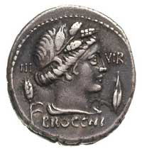 Furius F. Brocchus 63 pne, denar,  Aw: Popiersie Ceres między kłosem zboża i ziarnem jęczmienia, n..