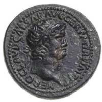 Neron 54-68, as, Aw: Popiersie w prawo i napis, Rw: Geniusz cesarza składa ofiarę przy ołtarzu, w ..