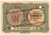 5 złotych 1.05.1925, seria A, WZÓR, dwukrotnie perforowany, dodatkowo numer 30 na górnym marginesi..
