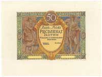 50 złotych 28.08.1925, próba druku koloru strony głównej banknotu z pracowni E. Gaspé w Paryżu, pa..