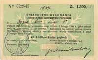 Generalna Gubernia- Świadectwo Wykonania Obowiązku Kontrybucyjnego na 1500 złotych, luty 1944 r.