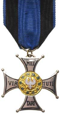 krzyż srebrny Orderu Virtuti Militari, (V klasa), srebrzony, polerowany, 40 x 40 mm, wstążka, Spin..